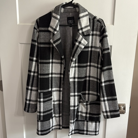 BBJ Los Angeles Black Grey Plaid‎ Long Open Soft Fall Blazer Shacket Women's L - Picture 1 of 7